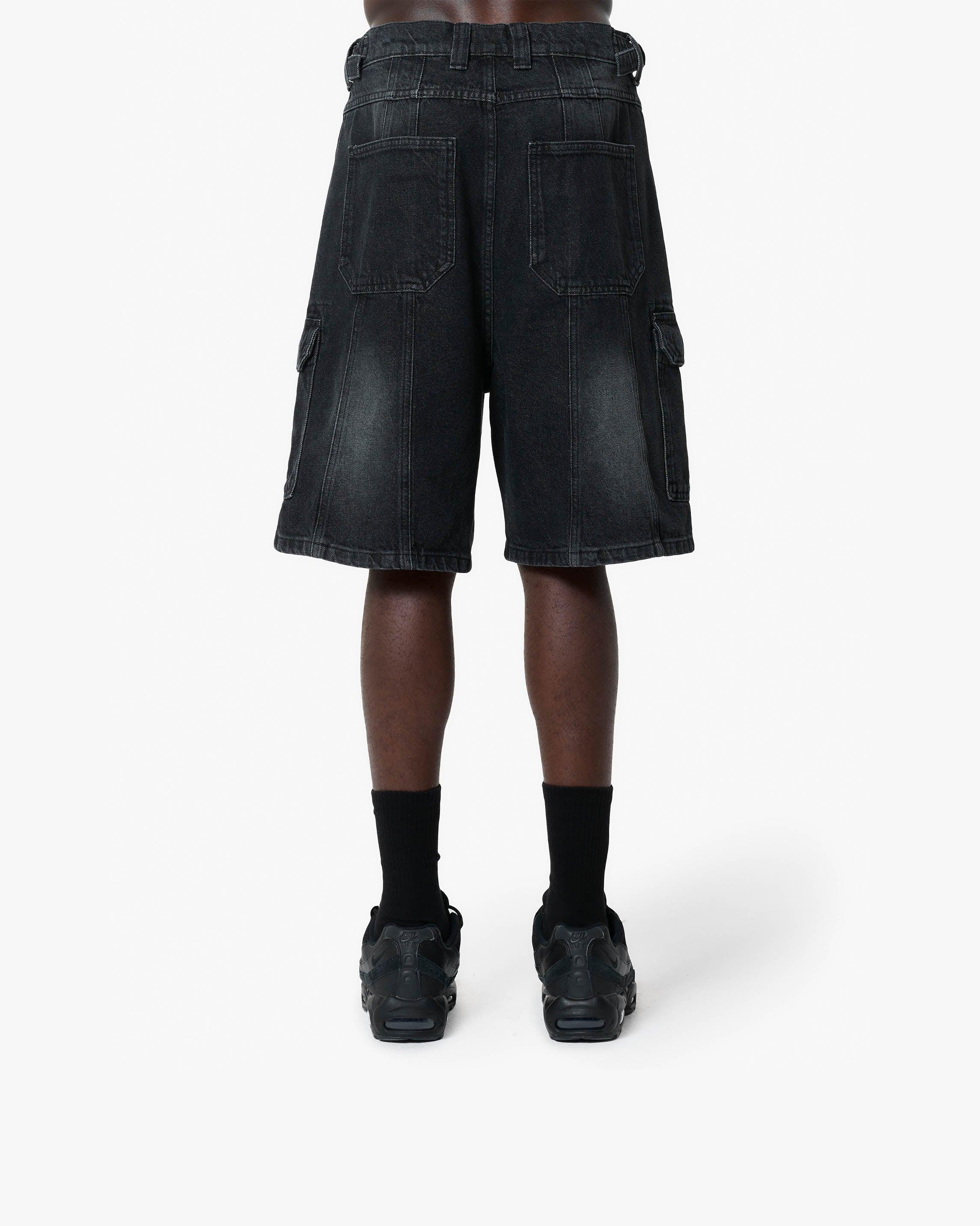 WASHED BLACK DENIM CARGO JORTS - Image 5