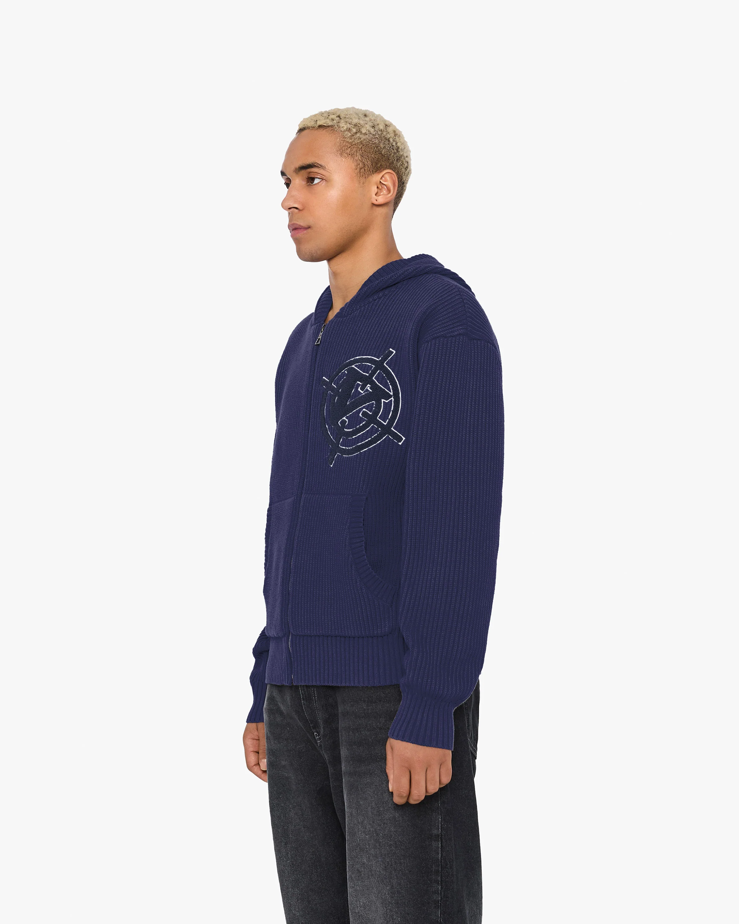 V-LOGO KNIT ZIP HOODIE NAVY - Image 5